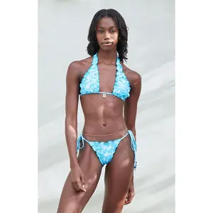 Kulani Kinis Women's Blue Lettuce Edge Tie Side Thong Bikini Bottom