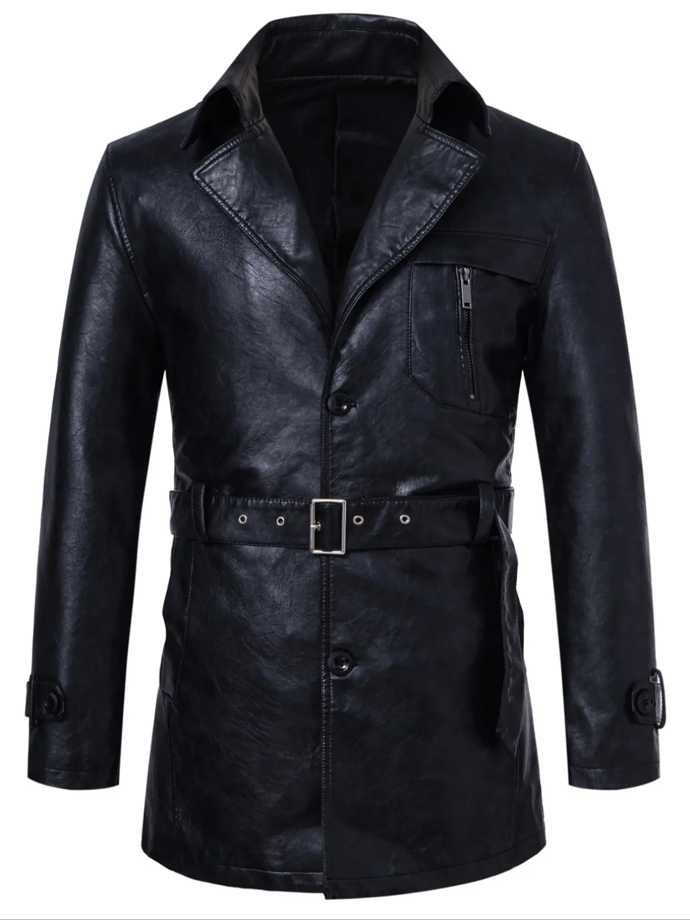 Men's Mid-Length Leather Jacket with Belt, Stylish Single Piece Design, Perfect for Casual Wear & Daily Use, Durable Material, Coats