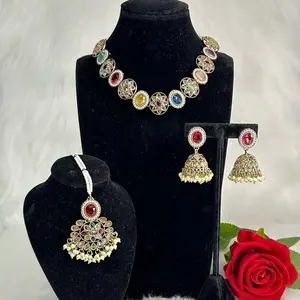 Elegant Desi Polki Necklace Set with Jhumka & Tikka Set