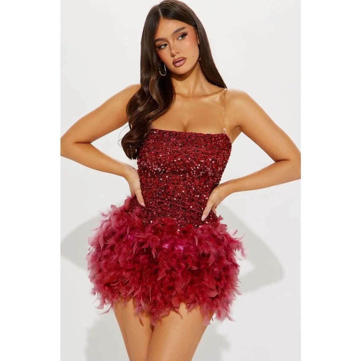 Zoey Feathered Sequin Mini Dress - Wine