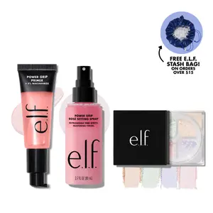 e.l.f. Prep, Set, Glow Trio - Grip Primer + Rosé Setting Spray + Brightening Powder Quad for Long-Lasting Radiance