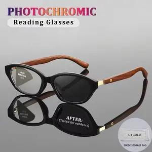 New Light-Activated Reading Glasses, Anti-Blue Light, Correction, Uv400 Protection, Vintage Square Cat Eye Frame, Wood Texture Legs, Reading Eyeglasses