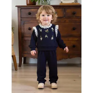 Adorable Toddler Girl Floral Embroidered Ruffle Collar Sweatshirt & Pants Set Blue Lace Trim Floral Design Sweatsuit - Cozy Infant Baby Girl Fall Winter 2-Piece Outfit for Playtime & Parties"