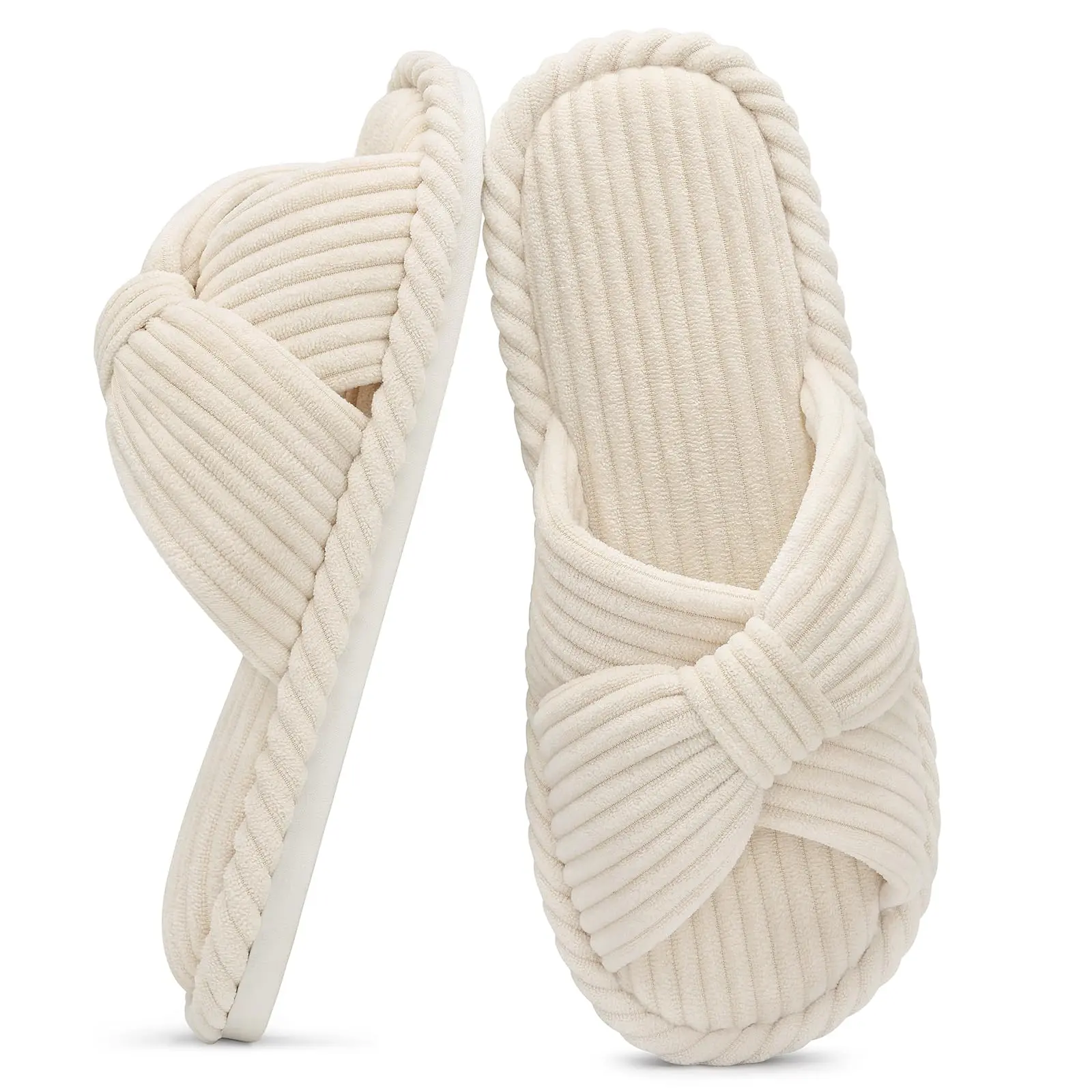 【Back To School】KIDMI Women's Fuzzy Slippers House Slippers for Women Corduroy Cross Bow Indoor Slippers Open Toe Slip On Bedroom Shoes with Memory Foam Footwear Summervibes