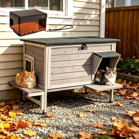 Aivituvin Enclosed Insulated-Heated Outdoor Cat House, Waterproof Wood Frame with 3-Layer Insulated Materials, Soft Warm Removable Liner, Porch, Thermostat for Steady Warmth, Cozy Interior for Naps, Stray Cat Winter Shelter, Cozy Interior Invites Naps