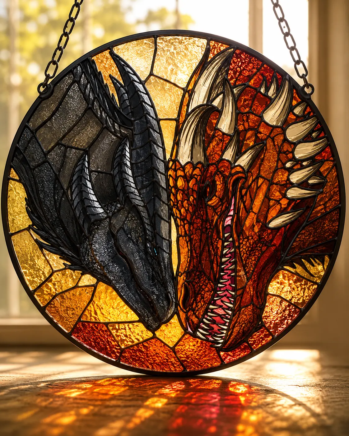 House of the Dragon Vermithor & Silverwing Faux Stained Glass Window Suncatcher - Bronze-Silver Intertwined Targaryen Dragons, Light-Up Metal Box Home Decor, Fire and Blood Themed Colorful Art Gift for Hanging Display
