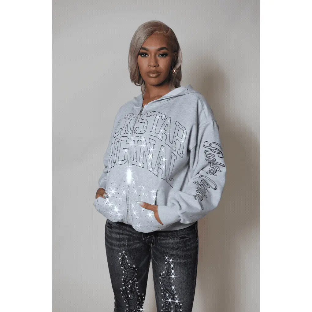 Alvina Grey Rhinestone Zip Up Hoodie - TikTok Shop