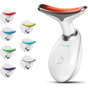 7-Color LED Facial Beauty Device with Plastic Handle - Battery Powered, Travel Size, Triple Action LED, Thermal, Vibration Technologies for Home Face & Neck Skin Care Tool