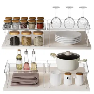 2 Pcs Cabinet Organizer Shelf，Stackable Kitchen Counter Shelves, Spice Rack,Countertop Organizers，Clear Plastic Storage Shelves Rack for Makeup，Bathroom, Cupboard，Desk，Pantry Organization