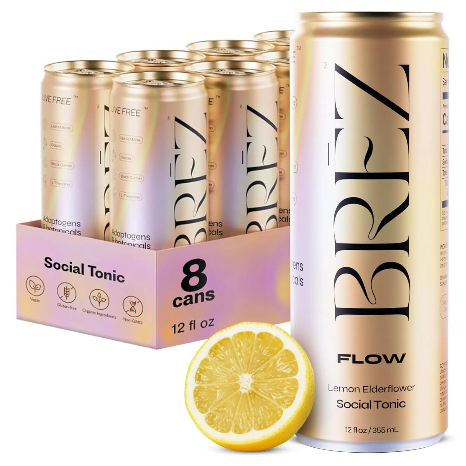BRĒZ FLOW Alcohol Alternative Drink – Non Alcoholic Sparkling Drink with Lions Mane Mushroom, Lemon Elderflower, Adaptogen Beverage for Mood & Focus, Alcohol Alternatives with a Buzz, 8 Pk 12 Fl Oz