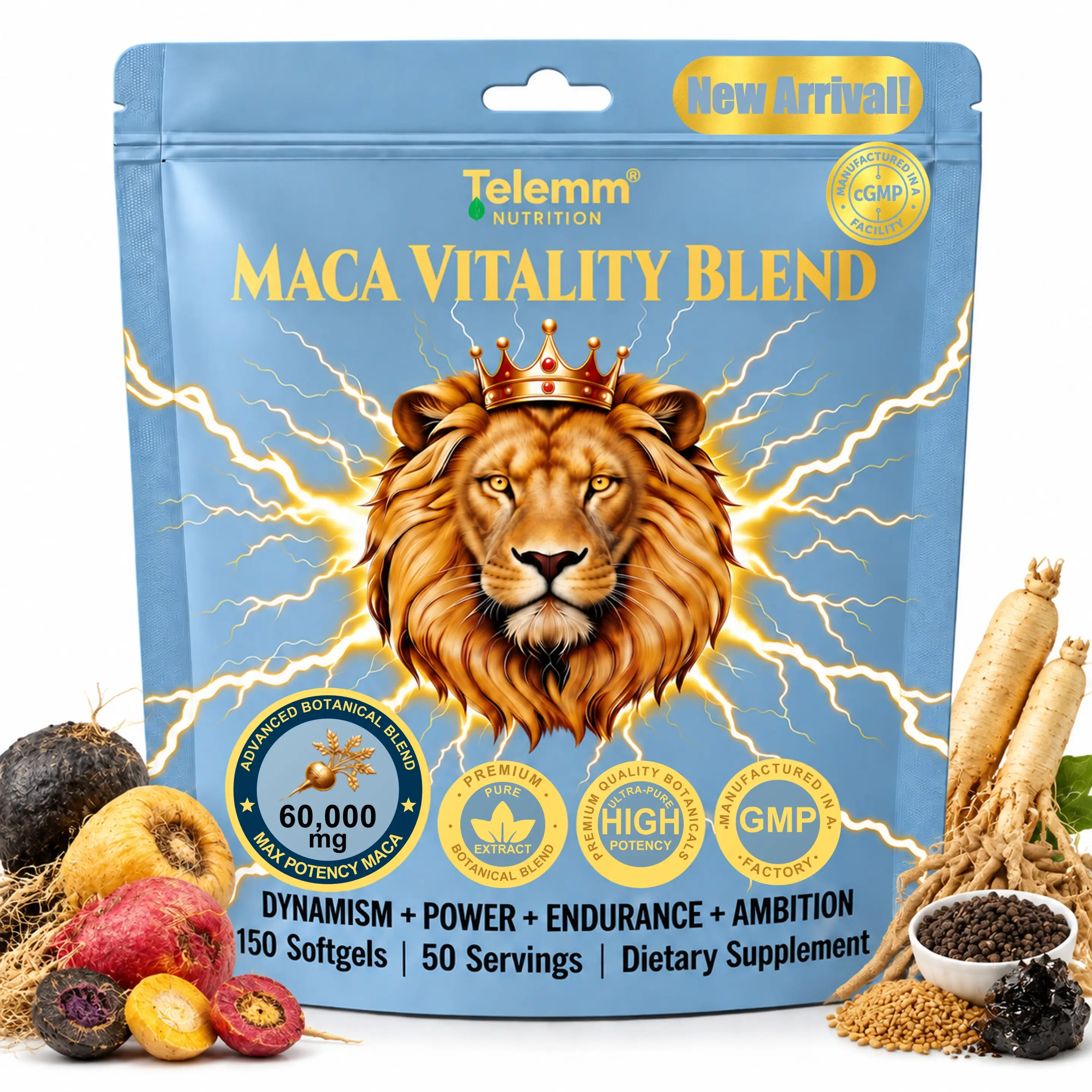 Telemm High Potency Triple Maca Adaptogen Softgels - 8-in-1 Adaptogen Matrix Natural Health Supplements with Shilajit, Ashwagandha, Panax Ginseng, Minerals - Energy Boost for Adults - 150 Count, 50 Day Supply, Dietary, Plants, Herbs, 60,000 Mg Raw Root Po