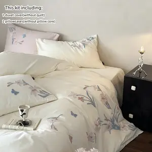 3pcs Elegant Embroidered Orchid Bed Linen Set, Breathable Duvet Set, Includes Soft Comforter and Pillow Covers, and Breathable for All Seasons