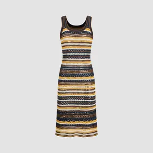 Cider [size 2-10] Knitted Scoop Neck Striped Crochet Midi Dress
