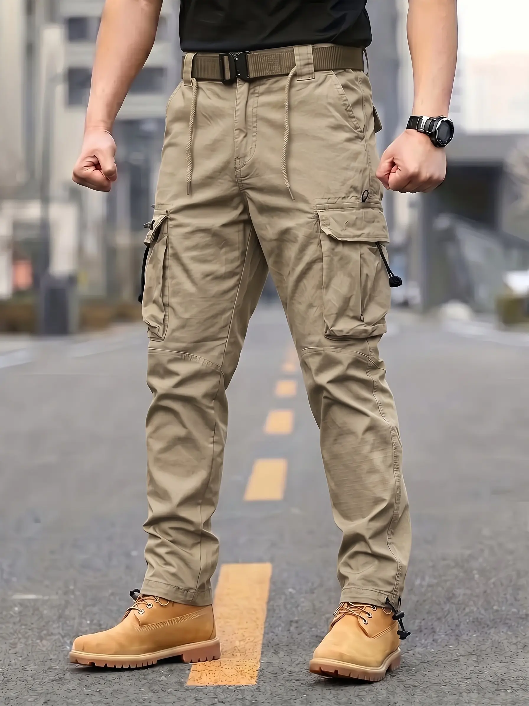 Men's American Functional Style Pure Cotton Cargo Pants - Straight-Cut, Slimming Fit, Adjustable Drawstring Cuffs, Pocketed, Plain, Casual Menswear Clothes for Commuting, Pocket, Mid Waist, Belt, All Seasons