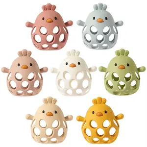 3-Pack BPA-Free Animal Hollowed-Out Chicken Baby Teethers, Food-Grade Silicone Teething Relief Toys for 3-6 Months Newborns, Hand-Held Chewable Sensory Soft Rubber Teethers