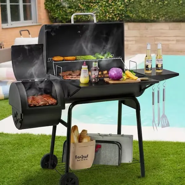Charcoal Grill in Black with Offset Smoker and Side Table