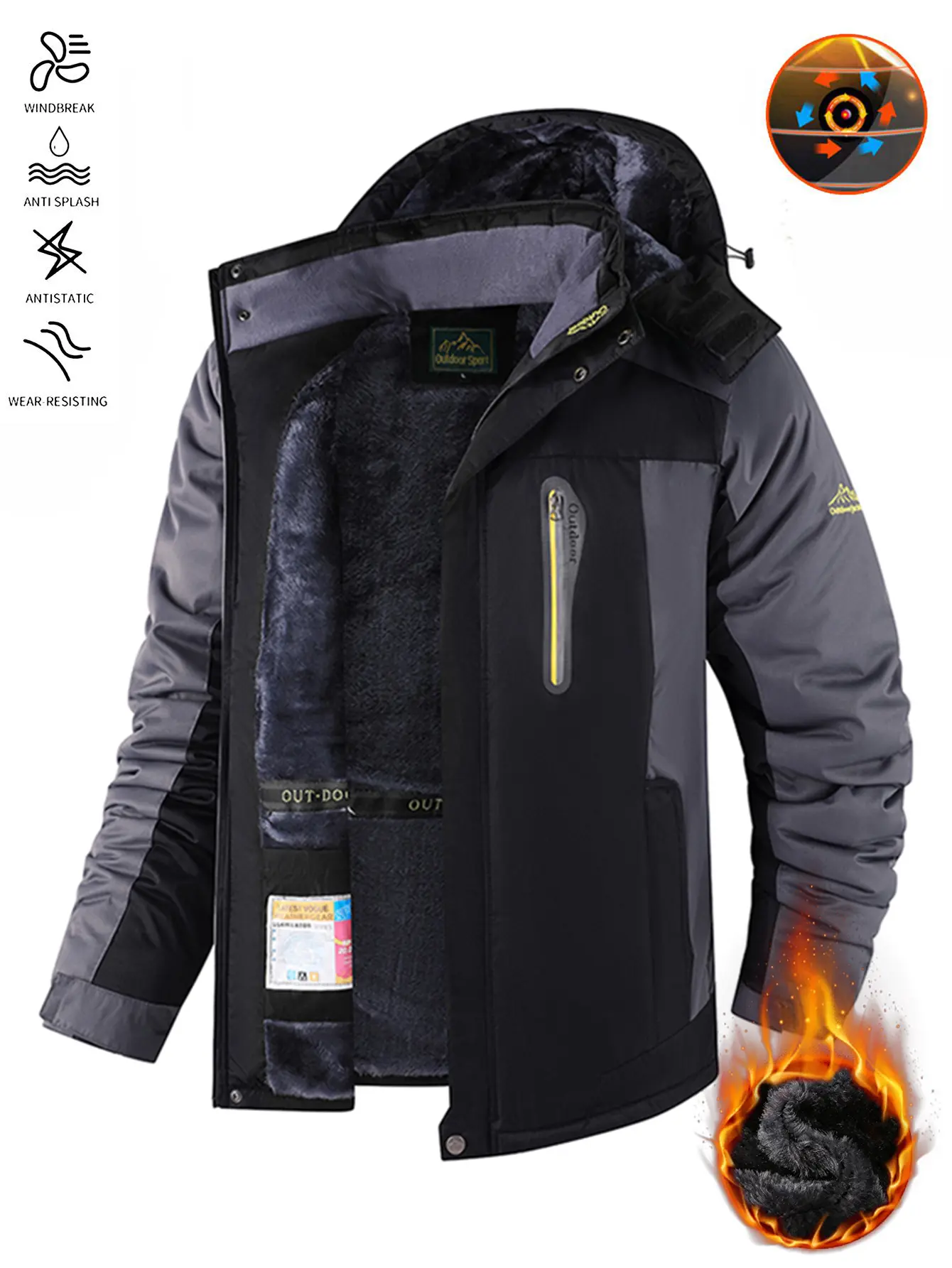 Men’s fleece-lined insulated winter ski jacket, windproof waterproof heavy-duty outerwear, secure multi-zipper pockets, warm hooded coat for skiing, hiking, camping, snow sports, cold-weather outdoor activities & everyday casual wear
