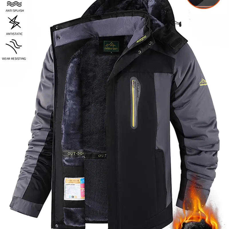 Men’s fleece-lined insulated winter ski jacket, windproof waterproof heavy-duty outerwear, secure multi-zipper pockets, warm hooded coat for skiing, hiking, camping, snow sports, cold-weather outdoor activities & everyday casual wear