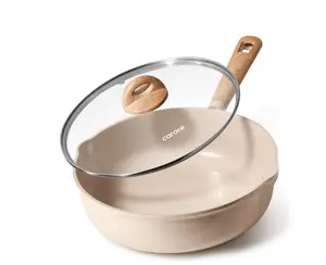 Carote 5QT Ceramic Non Stick Frying Pan Skillet with Lid, Jumbo Cooker with Induction 11inch Large Deep Frying Pan, Non-Toxic Sauté Pan,Taupe