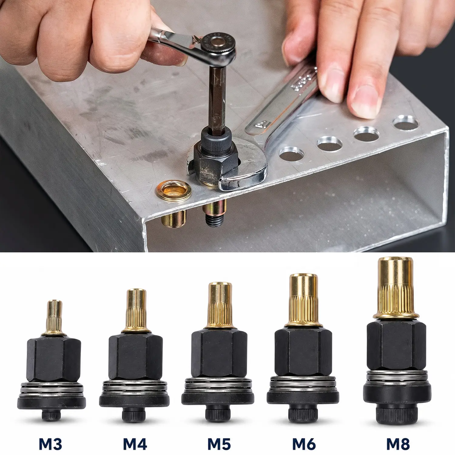 Head Rivet Nut Tool Set,M3 M4 M5 M6 M8 Rivnut Kit, Carbon Steel Rivnut Set, Threaded Rivet Nut Kit, Manual Riveter Rivnuts Tool Accessory for Automotive Repair Warehouses