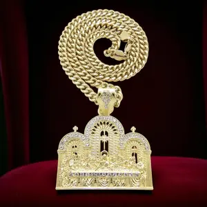 Men's Gold Plated Jesus Last Supper Religious Pendant & 6mm 20" 24" 30" Cuban Chain Hip Hop Style Necklace Jewelry