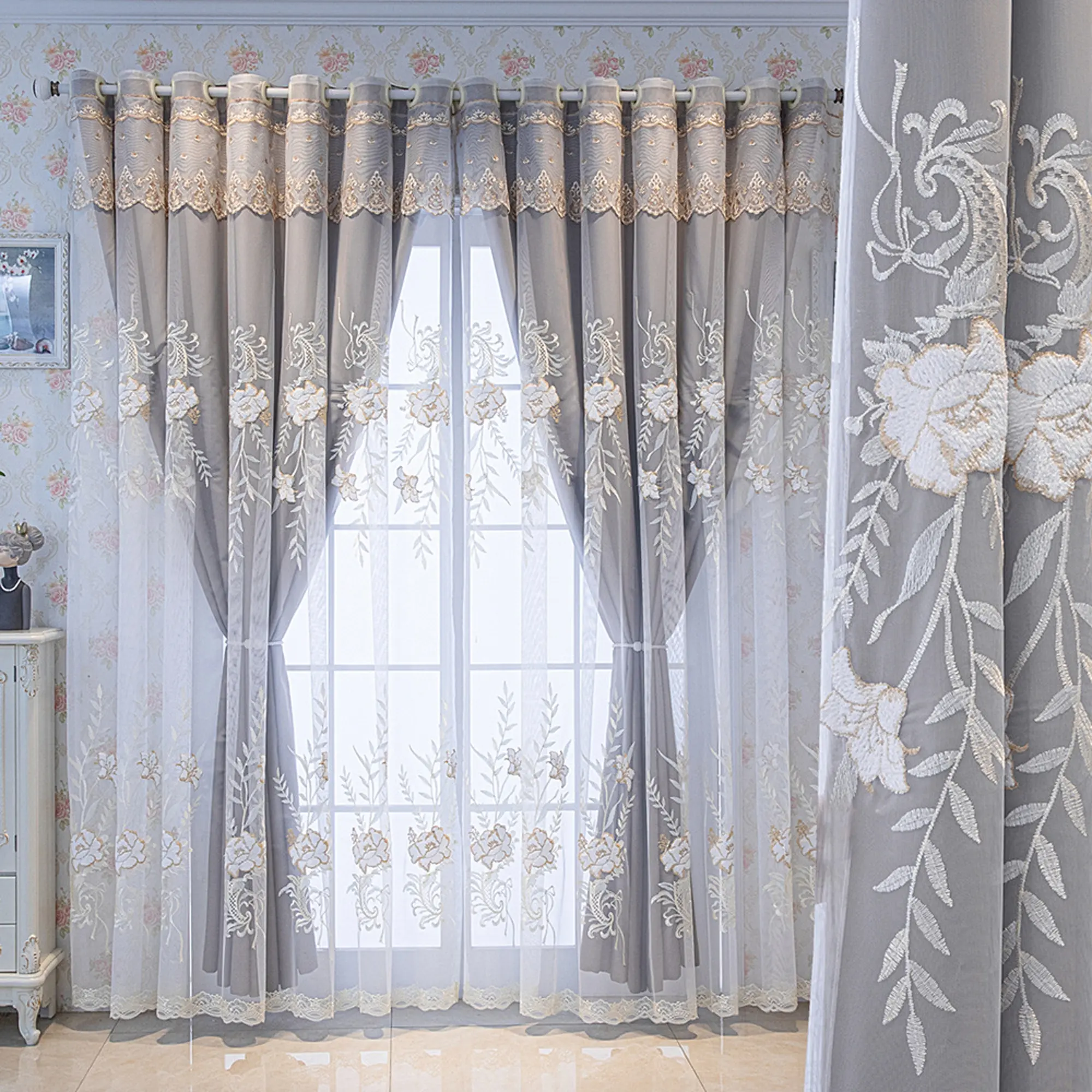 European Style Modern Embroidered Sheer Blackout Curtains for Living Room & Bedroom, Home Decorative Curtain, Floor-Length Drapes Home Decoration Curtain Available in &