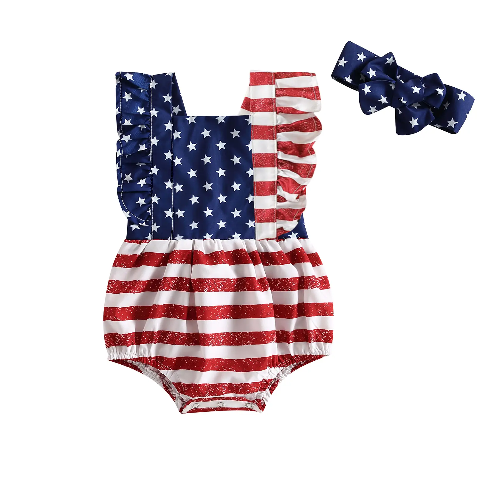 4th Of July Baby Girl Outfits Infant American Flag Romper Sleeveless Backless Ruffle Bodysuit Headband Clothes Set