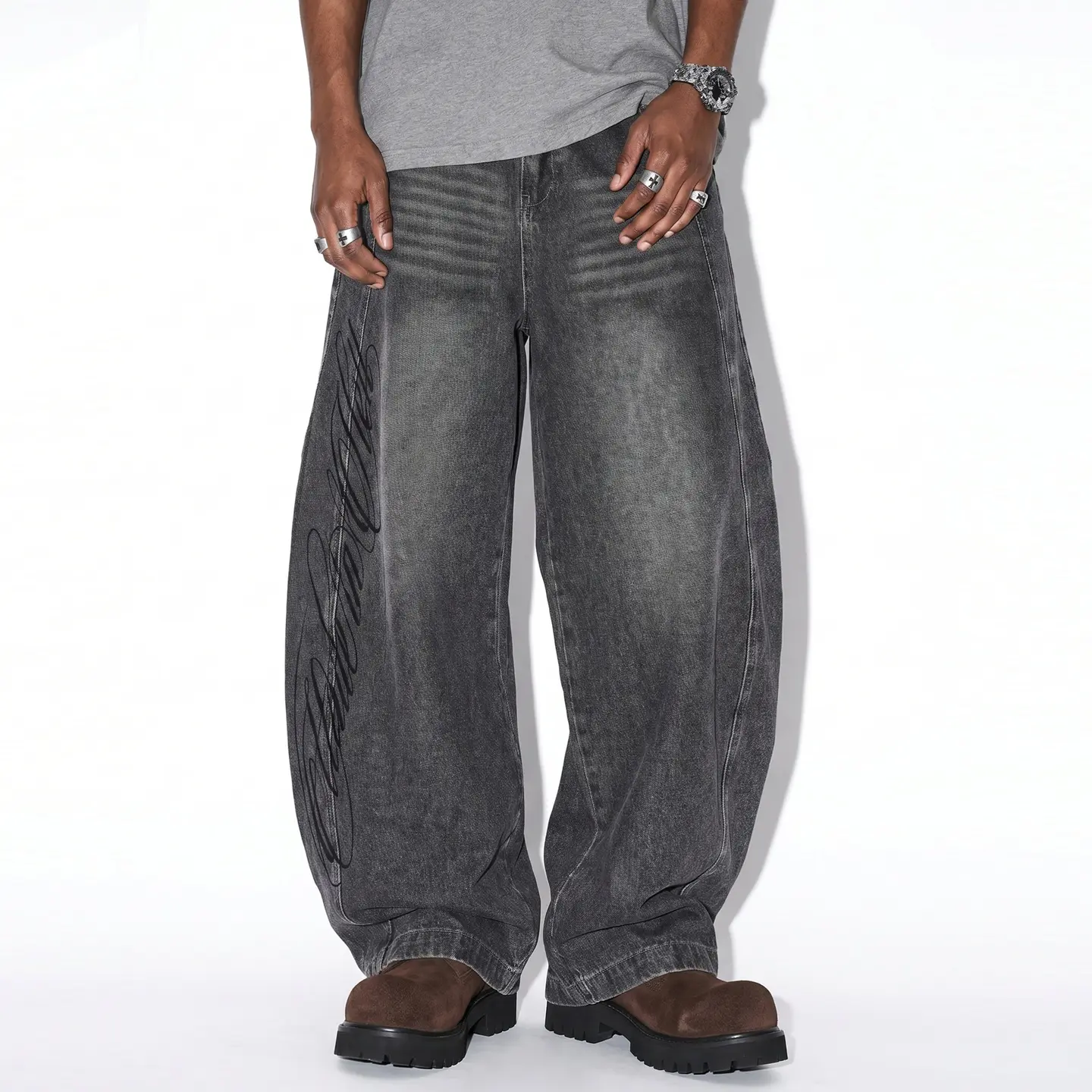 inflation Men's Mid Waist Vintage Oversized Barrel Fit Denim Jeans, Full Length Faded Cotton Blend with Curved Stitch & Side Embroidery, 90s Look 90s Grunge Retro Street Casual Menswear Bottoms