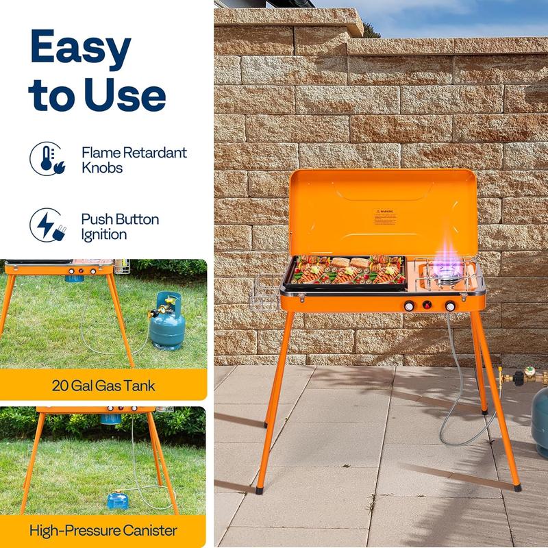 2-in-1 Gas Camping Stove with Detachable Legs, Propane Grill, 20000 BTU Tabletop Grill Cooker for Party, Camping, Picnics, Backyards