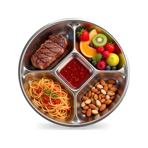 5 Compartments 8.5'' Stainless Steel Divided Plates for adults, Metal Dinner Plate Tray for Toddler/kids, Lightweight Reusable Dinnerware Portion Control
