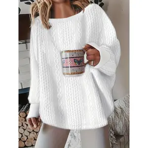 Cable Knit Pullover Sweatshirt, Elegant Loose Long Sleeve Crew Neck Sweatshirt For Fall & Winter, Women's Clothing