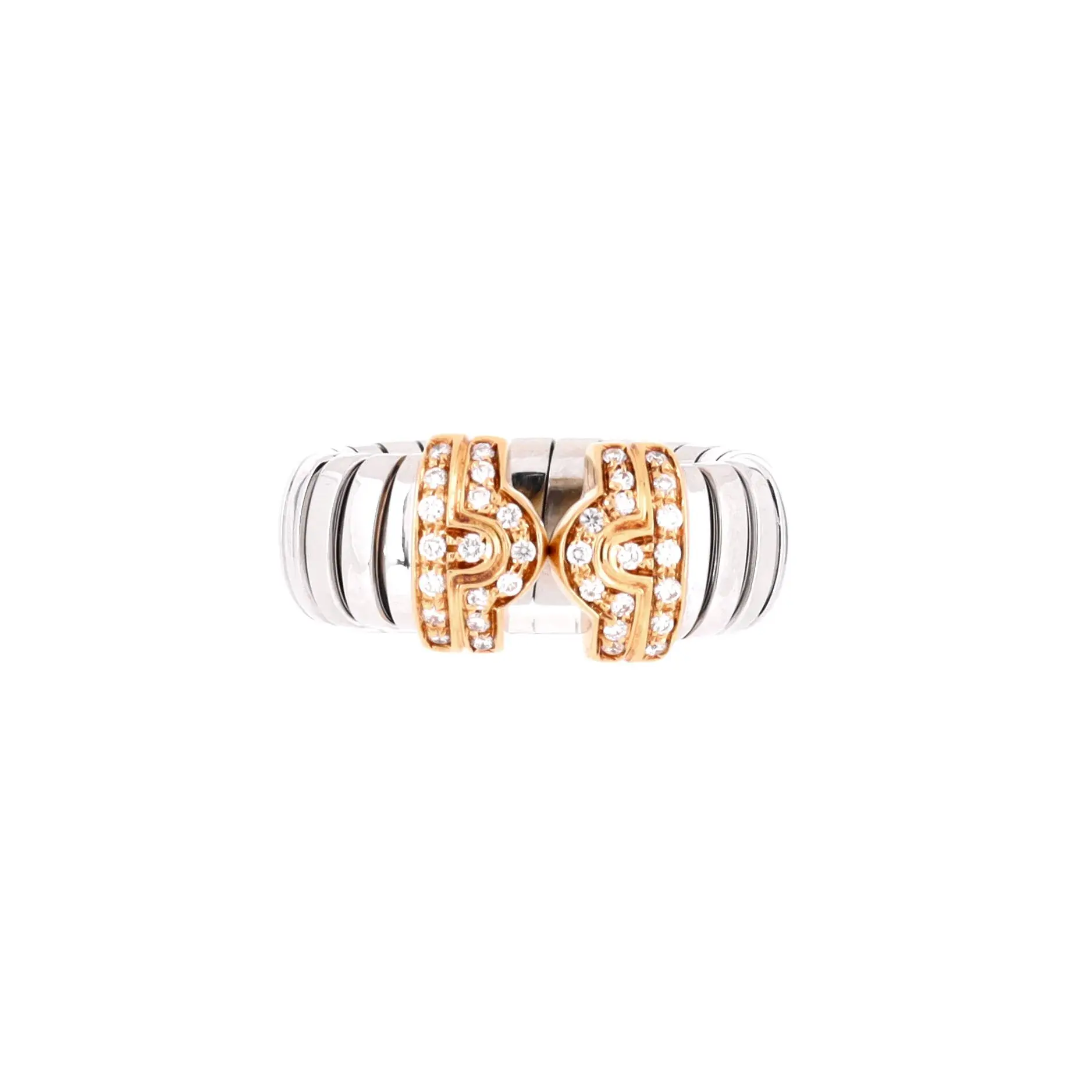 Pre-owned Bvlgari Tubogas Parentesi Ring Stainless Steel and 18K Yellow Gold with Diamond by Rebag