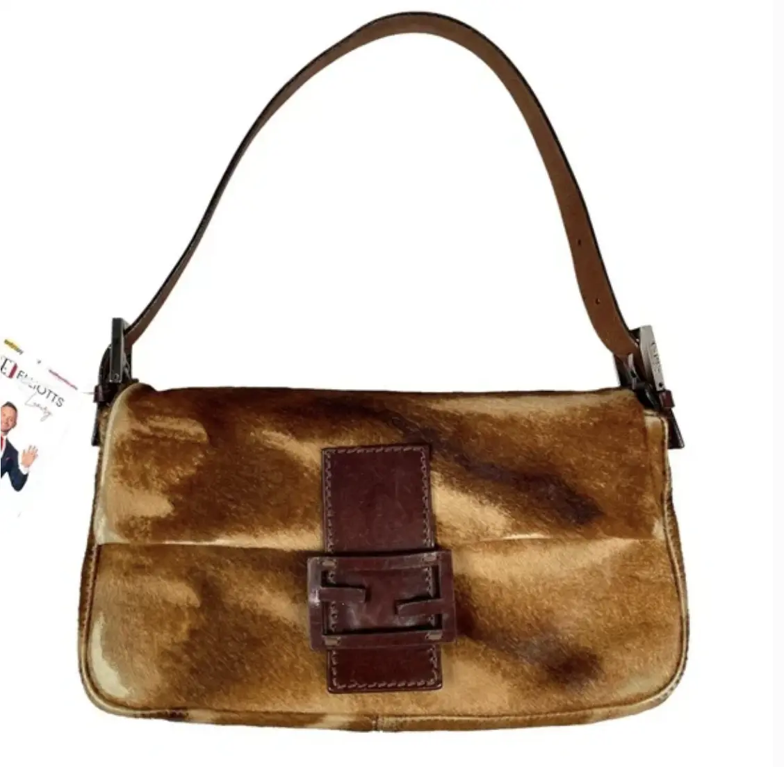Pre-owned FENDI Entrupy Shoulder Bags Calf Hair Abstract Classic Baguette Shoulder Purse Flap Sterling Bag