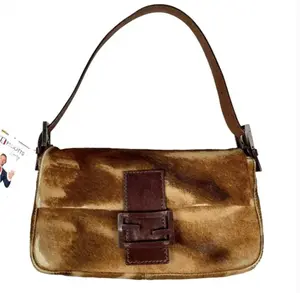 Pre-owned FENDI Entrupy Shoulder Bags Calf Hair Abstract Classic Baguette Shoulder Purse Flap Sterling Bag