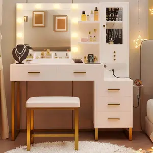 IRONCK Vanity Desk with Mirror&Lights,Makeup Vanity Table with 5 Drawers&Shelves,Dressing Table with Jewelry Storage for Bedroom
