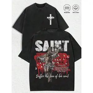 Vintage Washed Black Grunge Streetwear T-Shirt with "SAINT" Distressed Text, Jesus Crucifixion Print, Thorn Crown Cross & Bible Verse, Oversized Dark Christian Aesthetic Unisex Tee