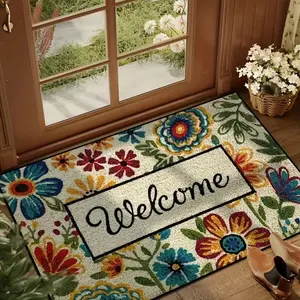 Floral Pattern Welcome Door Mat, Boho Style Welcome Letter Design Home Entrance Mat, Decorative Carpet for Home Living Room Bedroom