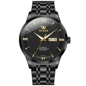 OLEVS 7061 Luxury Men's Analog Automatic Watch - Black Dial with Gold Accents, Dual Calendar, Luminous, 30M - 50M Waterproof Mechanical Watch with Clasp for Business & Daily Use