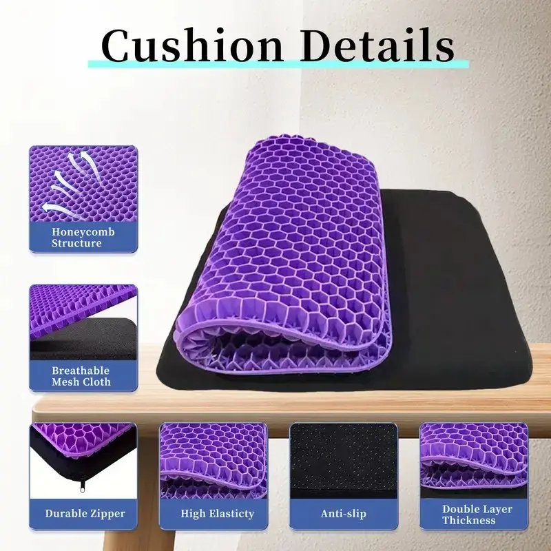 Double Thick Thermal-Polymer Gel Seat Cushion with Breathable Cover, Heavy Duty Honeycomb Chair Pad for Office-Commute Use, Ergonomic Body Support & Pressure Relief for Adults