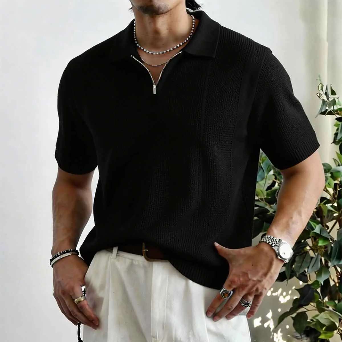 Men's Knitted Polo Shirt, Casual Retro Top with a Textured Weave and Quarter-Zip, Breathable Fabric for Summer, Zipper, Ribbed, Everyday Active, Sleek Metal Zip, Raised Weave For A Distinctive Texture, Polo V Neck, Shortsleeve, Stylish, Basics, Casual Oot
