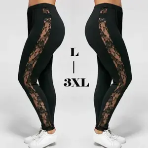 L-3XL Plus Size Trousers For Women Fashion Casual Black Slimming High Waist Lace Patchwork See Through Leggings Pants 2023 Sexy Womenswear Bottom Check Light Basic