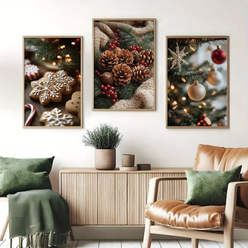 3-Piece 12x16in Holiday Christmas Themed Canvas Wall Art Prints - Wall Art Painting, Contemporary Winter Scene, Inspirational Home Decor for Living Room, No Frame Included