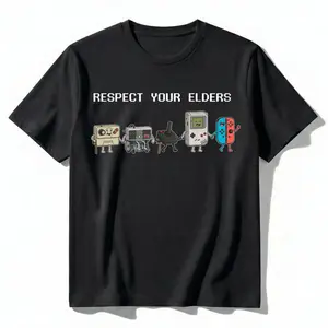 Funny "Respect Your Elders" Retro Gamer T-Shirt. Nostalgic 90s Pixel Art Controller Graphic Tee. oversize Trend Gift for Him Her Unisex Cotton Top