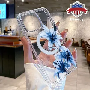 Magnetic Soft Case for iPhone 15 Pro Max 16 14 Plus 13 12 11 X/XS XS Plus E Blue Lily Pattern Anti-Yellowing Shockproof ultra-thin Silicone Crystal Transparent Acrylic Large Hole Cover Supports Wireless Charging
