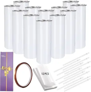 12 Pack Straight Skinny Sublimation Tumblers 20oz for Heat Transfer, Bulk Sublimation Blanks Individually Boxed, Double Wall Insulated Tumbler with Shrink Films & Heat Tape, White (12)