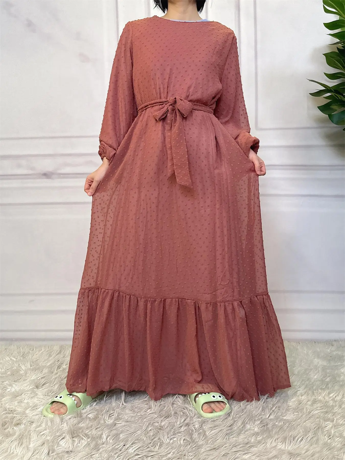 Women's Plain Swiss Dot Belted Ruffle Hem Belted Dress, Modest Bishop Sleeve Zipper Back A Line Dress for Party Holiday Wedding Guest, Ladies Islamic