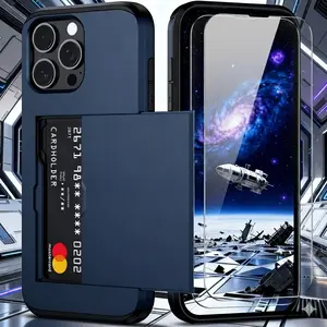 3PCS (1 Phone Case + 2 Tempered Glass Screen Protectors) Universal Iphone Slide Card Holder Case: Works with Iphone 17/16/15/14/13/12 Series (Including Pro/Pro Max/Plus Models) And Iphone 11, Offers Strong Protection & Handy Card Storage