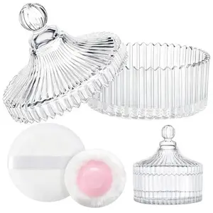 LAKIRA Large Body Powder Puff and Container, 2 Large Powder Puffs, Crystal Powder Container with 3.93" Puff for Baby Women, Dusting Powder Container with Puffs for Women, Bath, Home Use (4″ Pure)