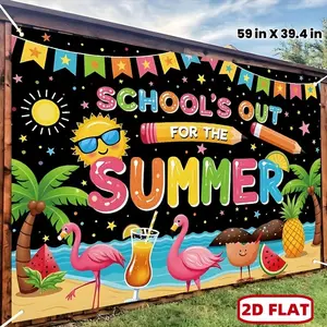 1pc 2D Flat Vibrant School'S Out Summer Banner - x, Polyester, Colorful Beach-Themed Design with Flamingos & Tropical Elements, Indoor/Outdoor Party Decorations, Home & Garden Wall Decor, Scho