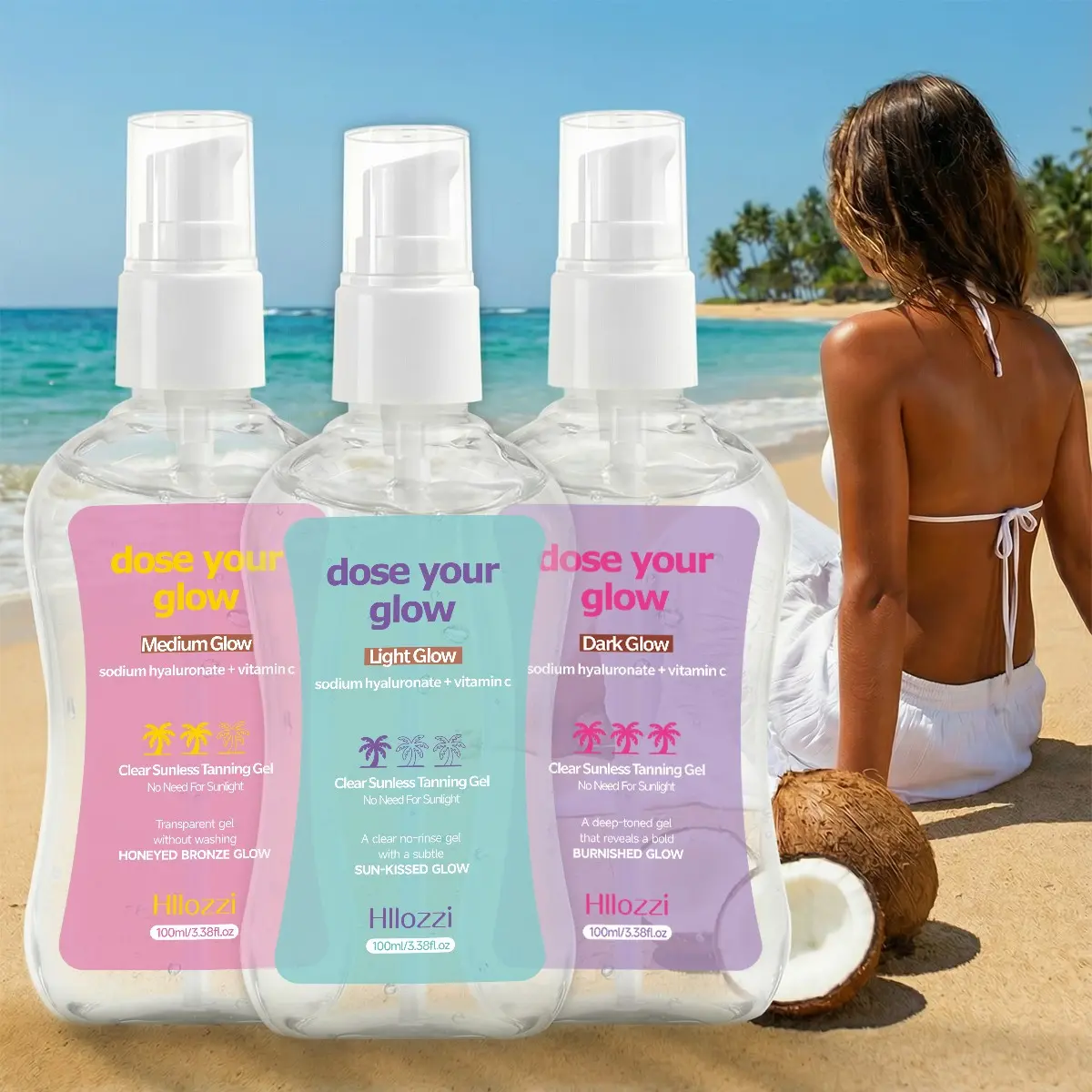 Transparent Gel, Self Tanning Gel, Glow Tanner, Three Color Options, Creates Wheat Skin Tone, No Stripes Quick Darkening, Alcohol-Free, Suitable for All, Sunless Safe Tanning Glow